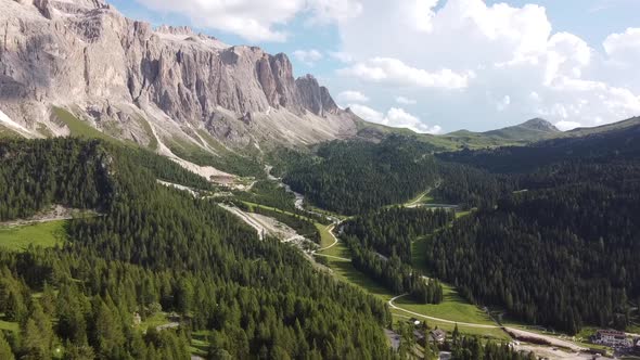 Aerial Gardena Pass in Dolomites Mountains, Italy