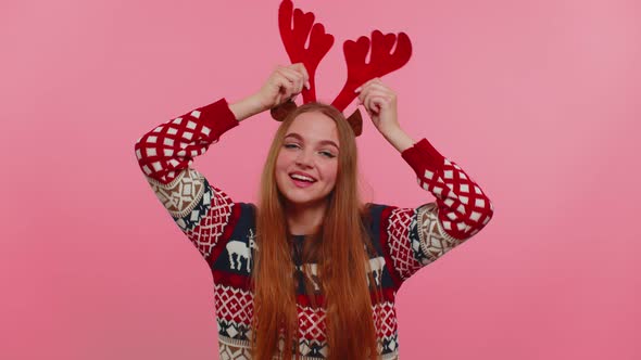 Young Adult Girl in Christmas Deer Antlers Listening Music Dancing Disco Fooling Around Having Fun