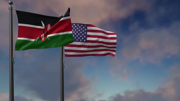 Kenya Flag Waving Along With The National Flag Of The USA - 4K