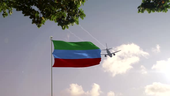 Dagestan Flag With Airplane And City -3D rendering