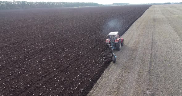 Agricultural Red Small Tractor in the Field Plowing