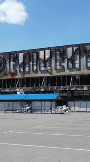 Vertical Video of a Destroyed Building of a Shopping Center in Bucha Ukraine