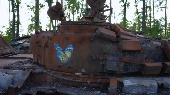 Yellow and Blue Butterfly Painted on Ruined Tank Hatch