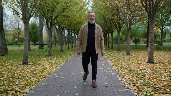 Happy Confident Man Walking Along Alley in Park in Day Time in October
