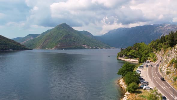 Aerial Panoramic View of Kotor Bay or Boka Kotorska Tourist Resort of Montenegro