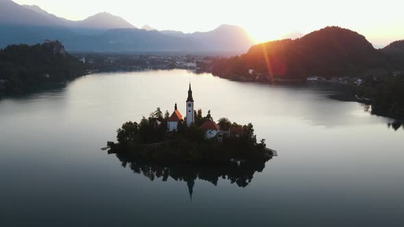 Aerial view of Bled Lake in Slovenia.