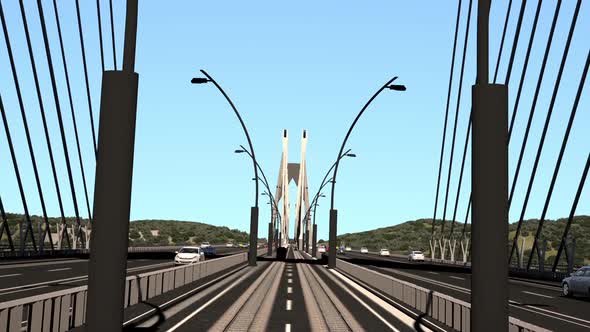 Passenger trains advancing on the bridge, 3D Animated video.
