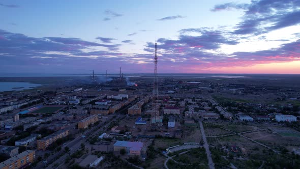 Pink Sunset Over a Small Town