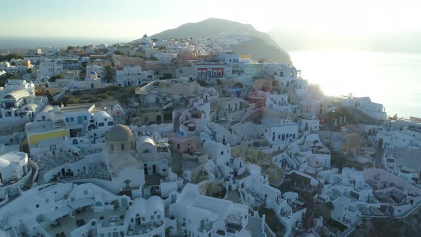 Aerial View Flying Over City of Oia on Santorini Greece