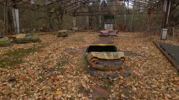 Close up view of bumper cars Decayed Autodrome in ghost town Pripyat in chernobyl exclusion zone