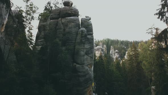 Adršpach-Teplice Rocks national park filmed from drone. Green forest with rocks like background