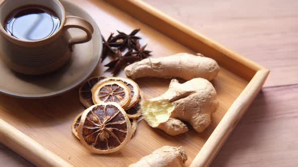 Top View of Ginger Tea on Wooden Background