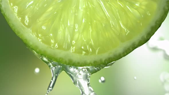 Slow Motion Macro Shot of Flowing Lime Juice From Lime Slice