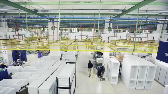 Refrigerator Production Line. View from an Elevator.