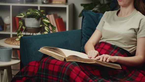 Blind Woman Reading Braille Book Sitting on Sofa in Living Room Poorly Seeing Female Person Learning