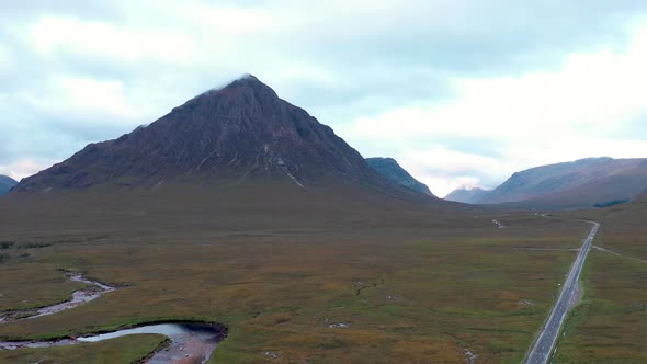 Aerial drone view of the highlands near Glencoe in Scotland