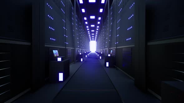 Data And Network Servers With Blue Lights Behind Glass Panels Fly Into A Server Room