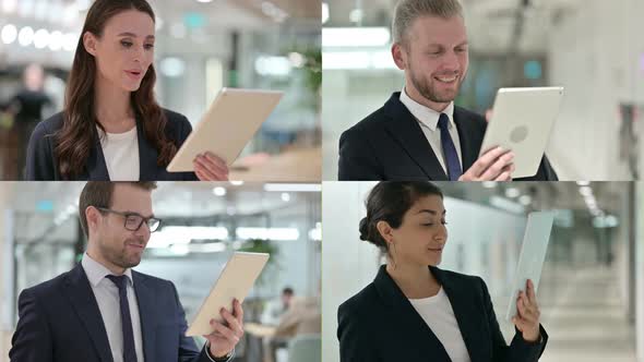 Collage of Young Business People Talking on Video Call on Tablet