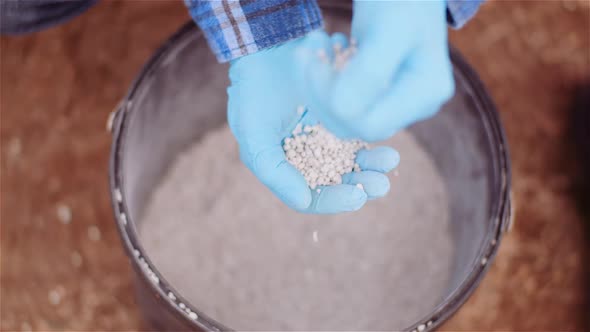 Farmer Examining Herbicides Fertilizer in Hands Before Fertilizing Agriculture Field