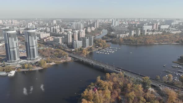 The Left Bank of Kyiv in the Fall. Hydropark. Ukraine. Dnipro River. Aerial View