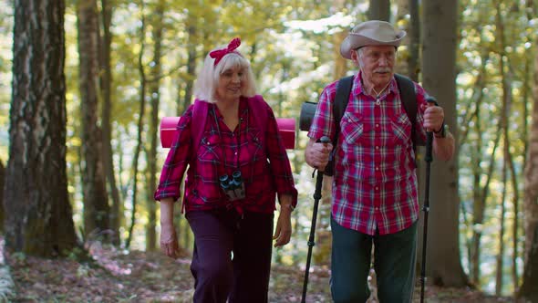 Senior Old Elderly Grandmother Grandfather Training Nordic Walking with Ski Trekking Poles in Wood