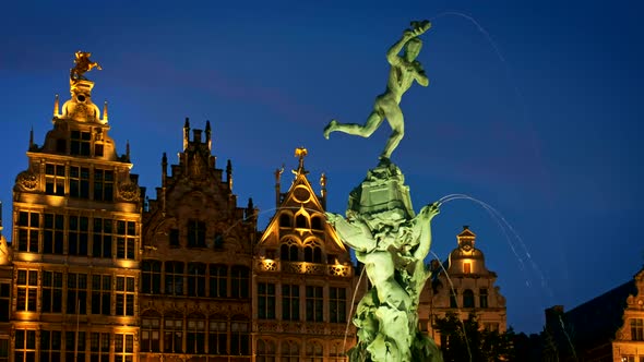 Antwerp Famous Brabo Statue and Fountain at Night