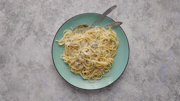 Top View of Plate with Spaghetti Carbonara