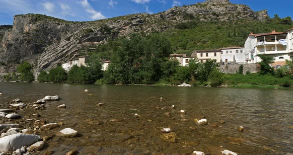 Anduze, Gard, Occitanie, France. The river Gardon in front of the city
