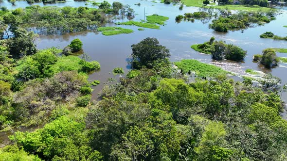 Boat sailing at Amazon River at Amazon Rainforest. Manaus Brazil.