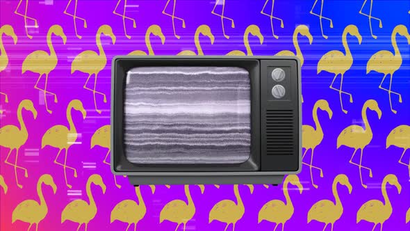 Old television against wallpaper yellow flamingos in background