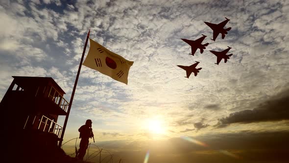 Korean Military and Warplanes Guarding the Border