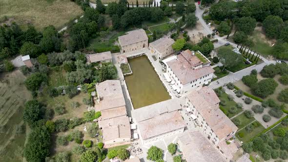 Circular Aerial View of Bagno Vignoni Medieval Town of Tuscany