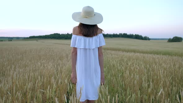 Beautiful Woman Goes To Field of Ripe Golden Wheat