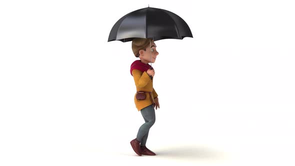 Fun 3D cartoon medieval man walking with an umbrella