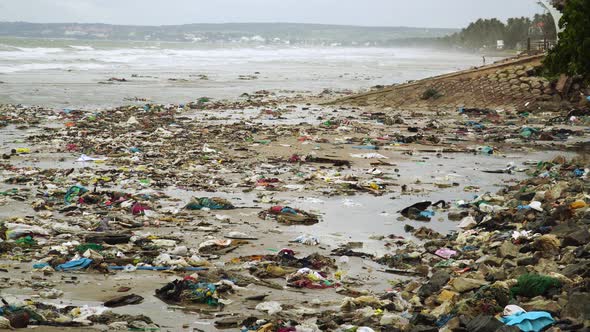 Trash on beach - aftermath of typhoon that struck coastline of Mui Ne, Vietnam