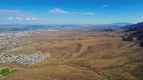 Northwest El Paso, Texas USA. Aerial Drone View Of Empty Desert Landscape With Residential And Comme