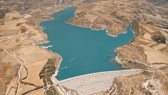 Aerial View of Asprokremmos Reservoir with Blue Water on River Lake in Wild Cyprus Area