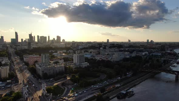 Warsaw downtown seen from a drone during sunset, Poland