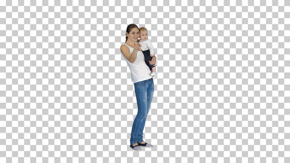 Happy Mom and Cute Kid Baby Son Waving, Alpha Channel