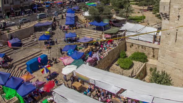 Aerial View From Damascus Gate or Shechem Gate Timelapse One of the Gates to the Old City of