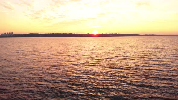 Water Surface at Sunset. Aerial. Kyiv. Ukraine