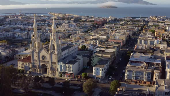Aerial: Church view in downtown, drone view