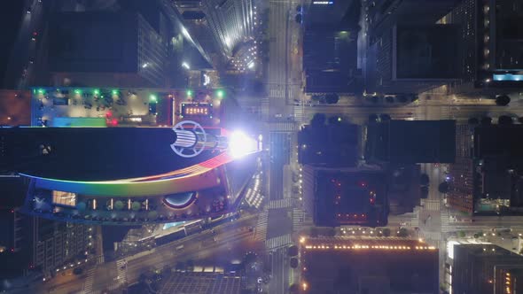 Top Down Aerial Footage Over the Streets of Los Angeles Downtown and the Roof of Skyscraper alt