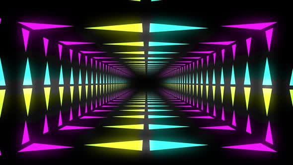 Animation of tunnel of multi coloured bright triangles alt