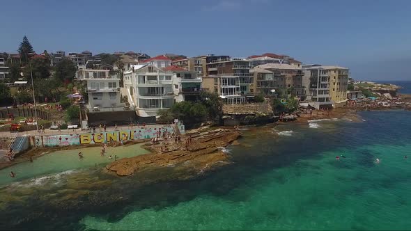 Panning shot of North Bondi on sunny clear summer day from the headland to the beach . The water is