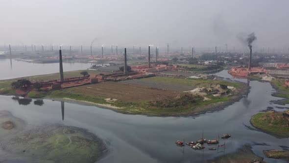 Aerial view of brick factories in Dhaka province, Bangladesh.