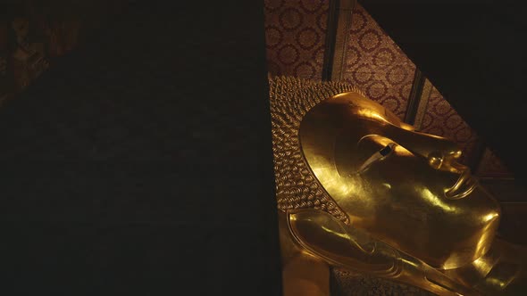 Thailand Gold Buddha Statue, Reclining Buddha at Temple of the Reclining Buddha in Bangkok, Enormous