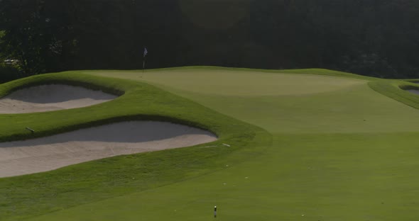 Backwards Aerial Pan of Bunkers at a Golf Course in Glen Head Long Island