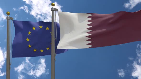 European Union Flag Vs Qatar Flag On Flagpole