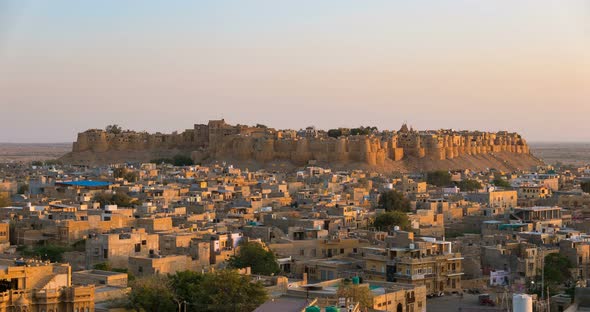 Jaisalmer cityscape, time lapse, The majestic fort dominating the desert city, Rajasthan, India